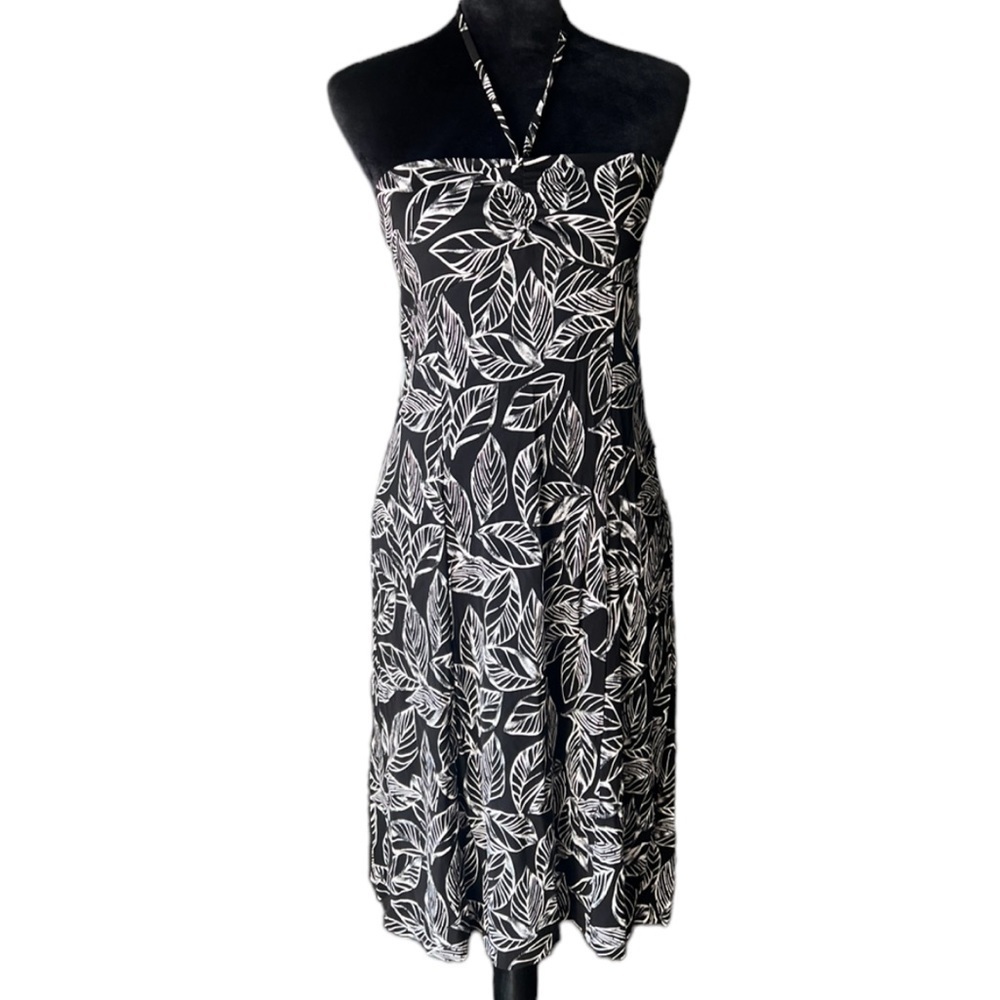 Casual corner tropical island leaf print black and white strapless dress size M